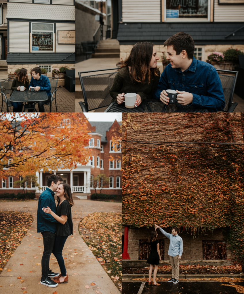 couple at Wheaton College and Glen Ellyn and downtown wheaton Illinois in the fall leaves taking engagement photos from Tyrie Mehaffey photography