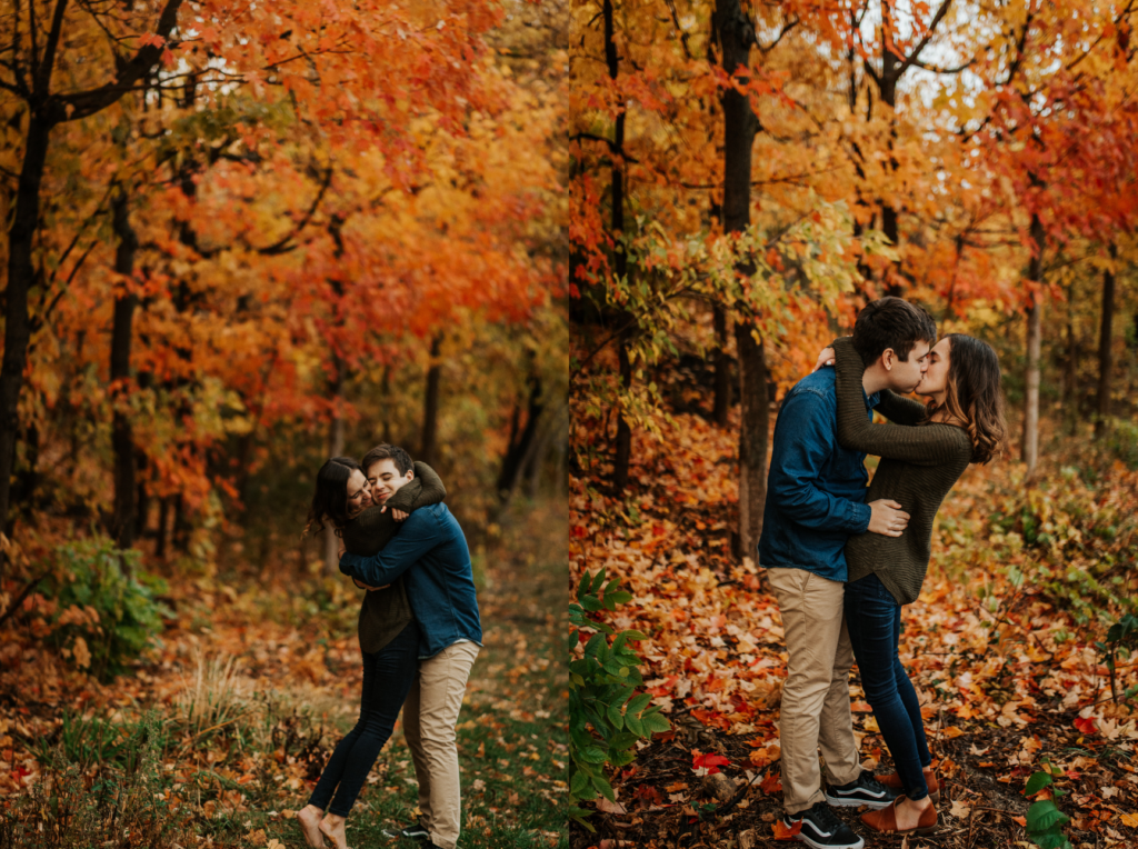 couple at Wheaton College and Glen Ellyn and downtown wheaton Illinois in the fall leaves taking engagement photos from Tyrie Mehaffey photography